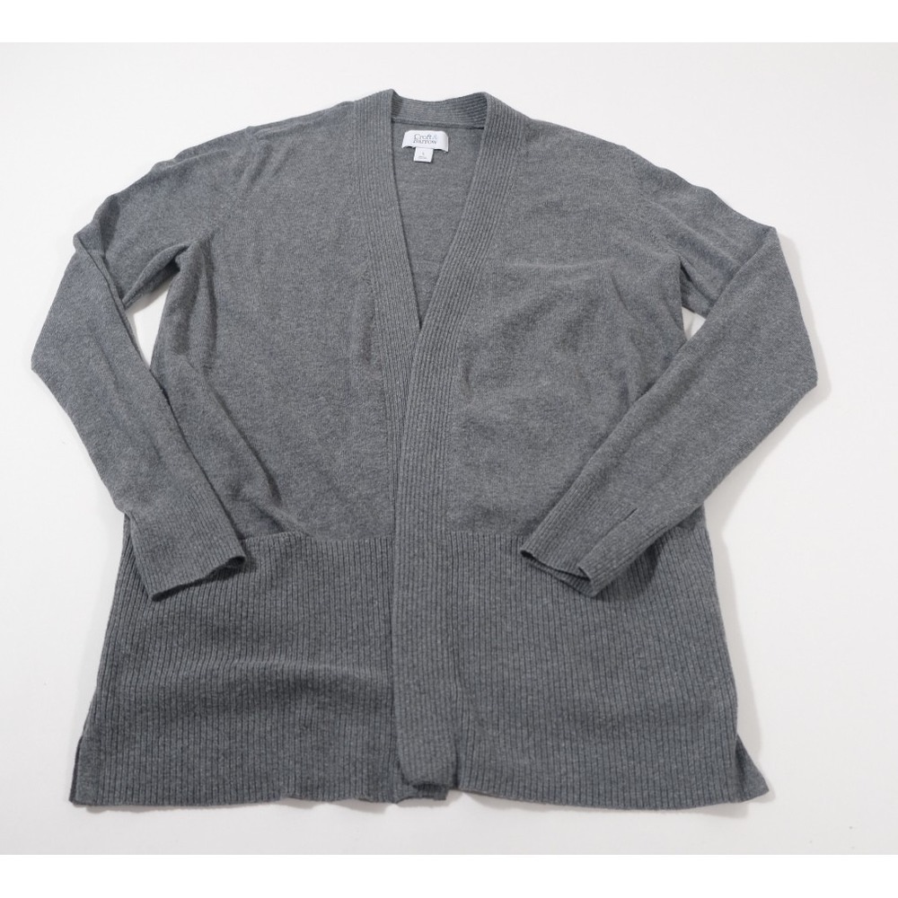 Croft & Barrow Cardigan Women S Gray Open Front Ribbed Knit Long Sleeve Sweater